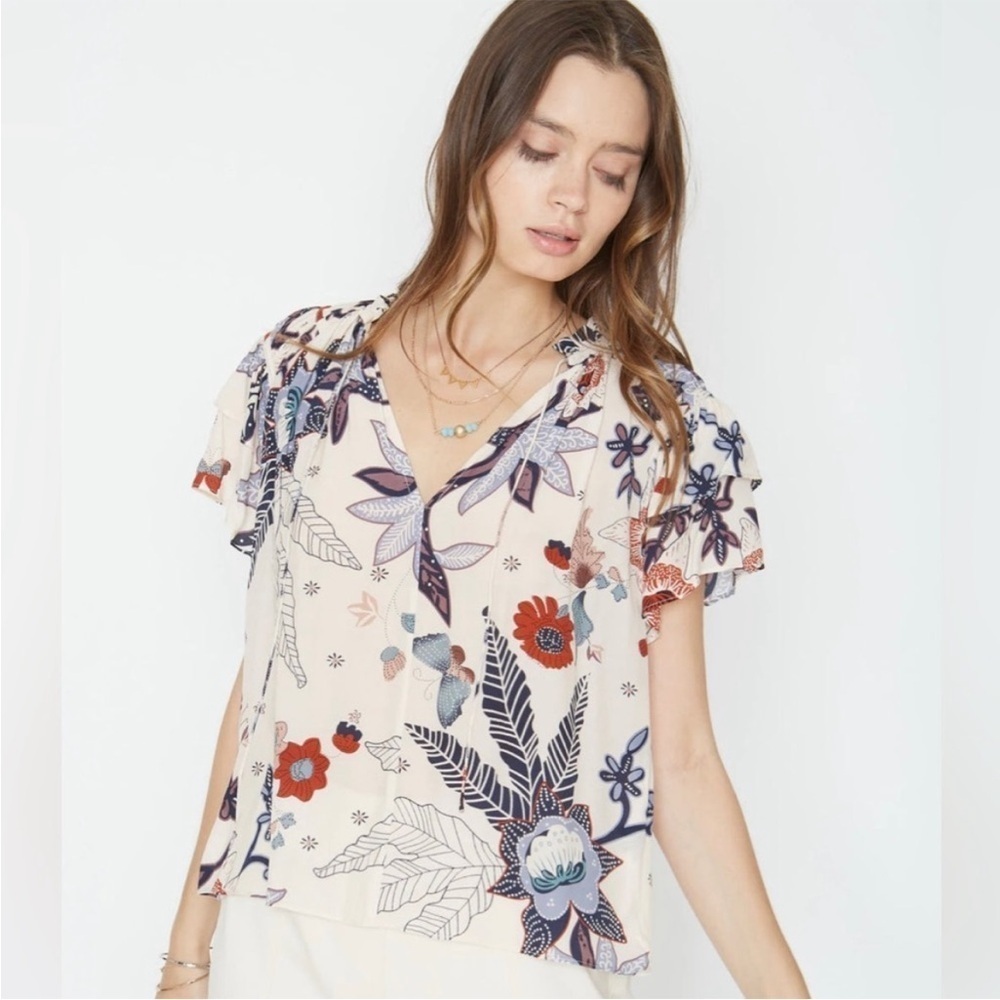Caballero Kelsie Top Cupro Flower Flutter Sleeve Floral Blouse Relaxed Fit Sz XS